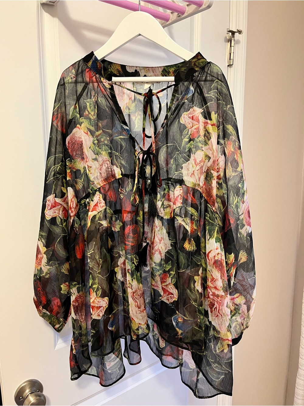 Sheer Black Floral Tie-Front Blouse - Black with Pink Floral